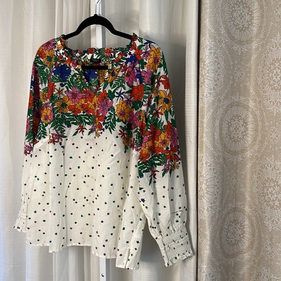 Talbots Plus 2x Top Floral Smocked Cuff V Neck Blouse Ivory Multi womens - Picture 3 of 8